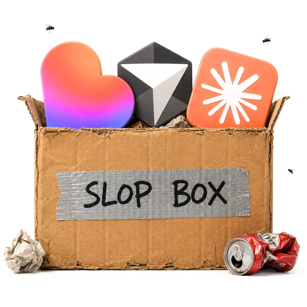 A cardboard box labeled slop box with AI app logos inside